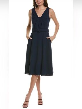 NWT Black Halo Vieata Belted V-Neck Midi-Dress in Bluestone Size 14 Fit & Flare